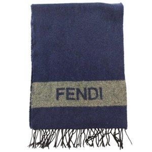 FENDI Grey Logo Print on Blue Wool Fringe Wrap